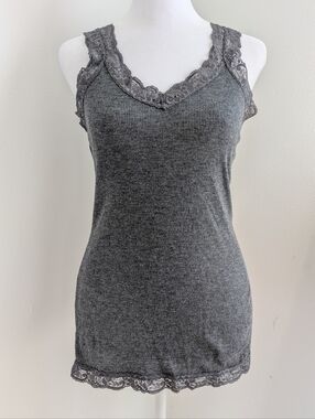 Vintage Y2K Elena Gilbert Rib Knit Long Stretchy Tank Top with Lace Trim S